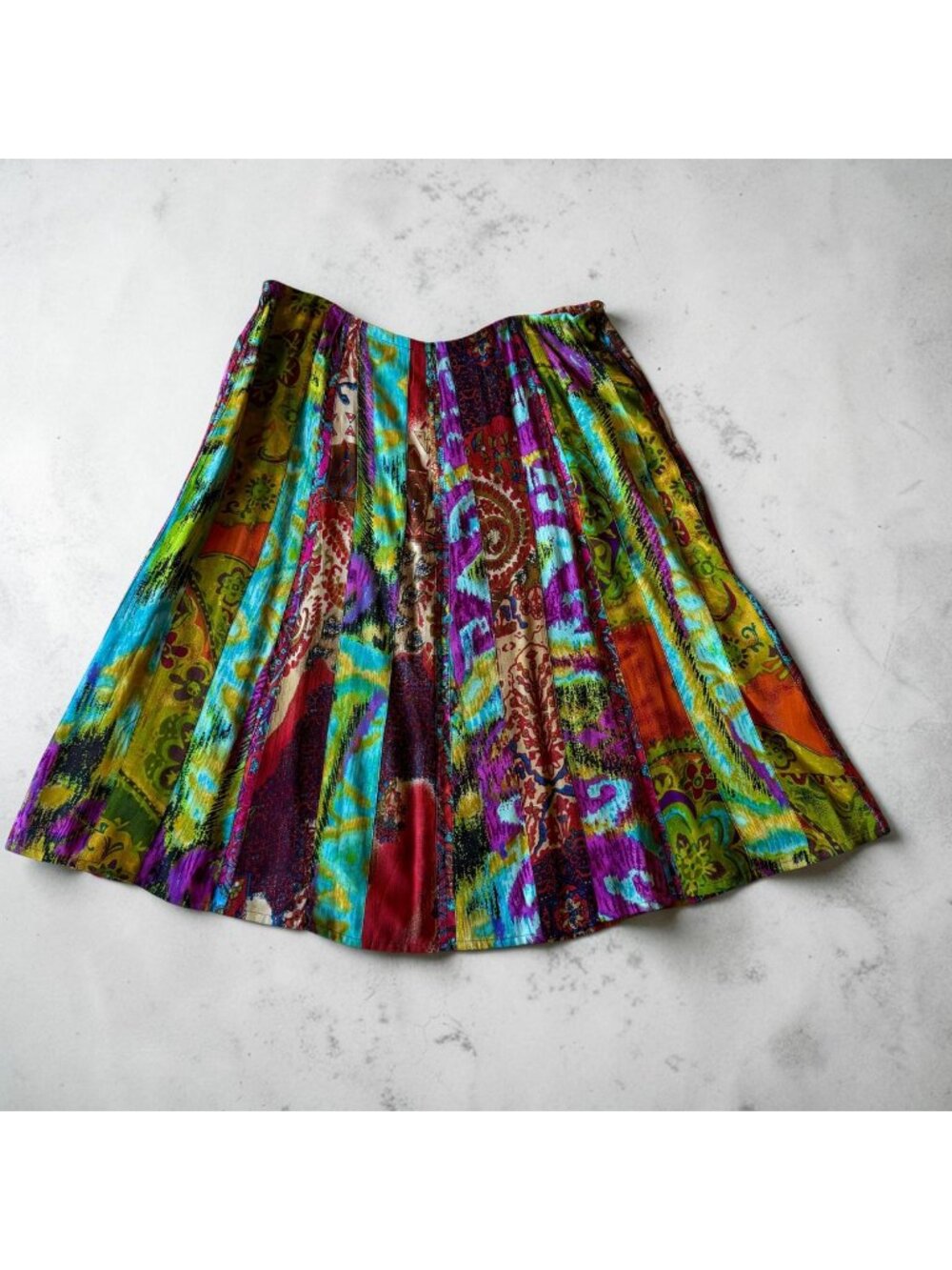 Chicos Boho A-Line Skirt Colorful Patchwork Rayon Side Zip Size 1 Made In India